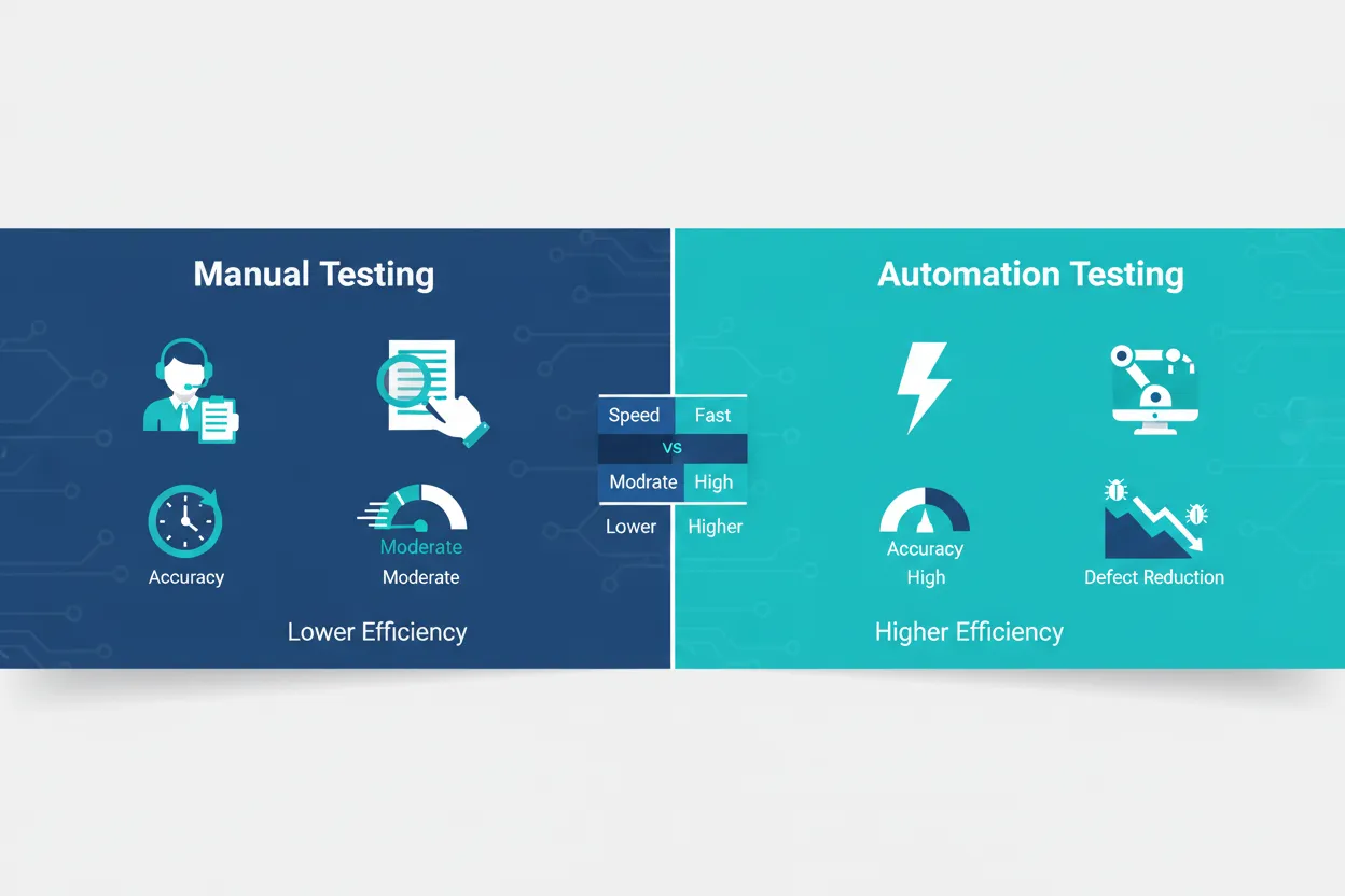 Comparison of manual testing vs automation testing in QA workflows highlighting speed, accuracy, and defect reduction differences